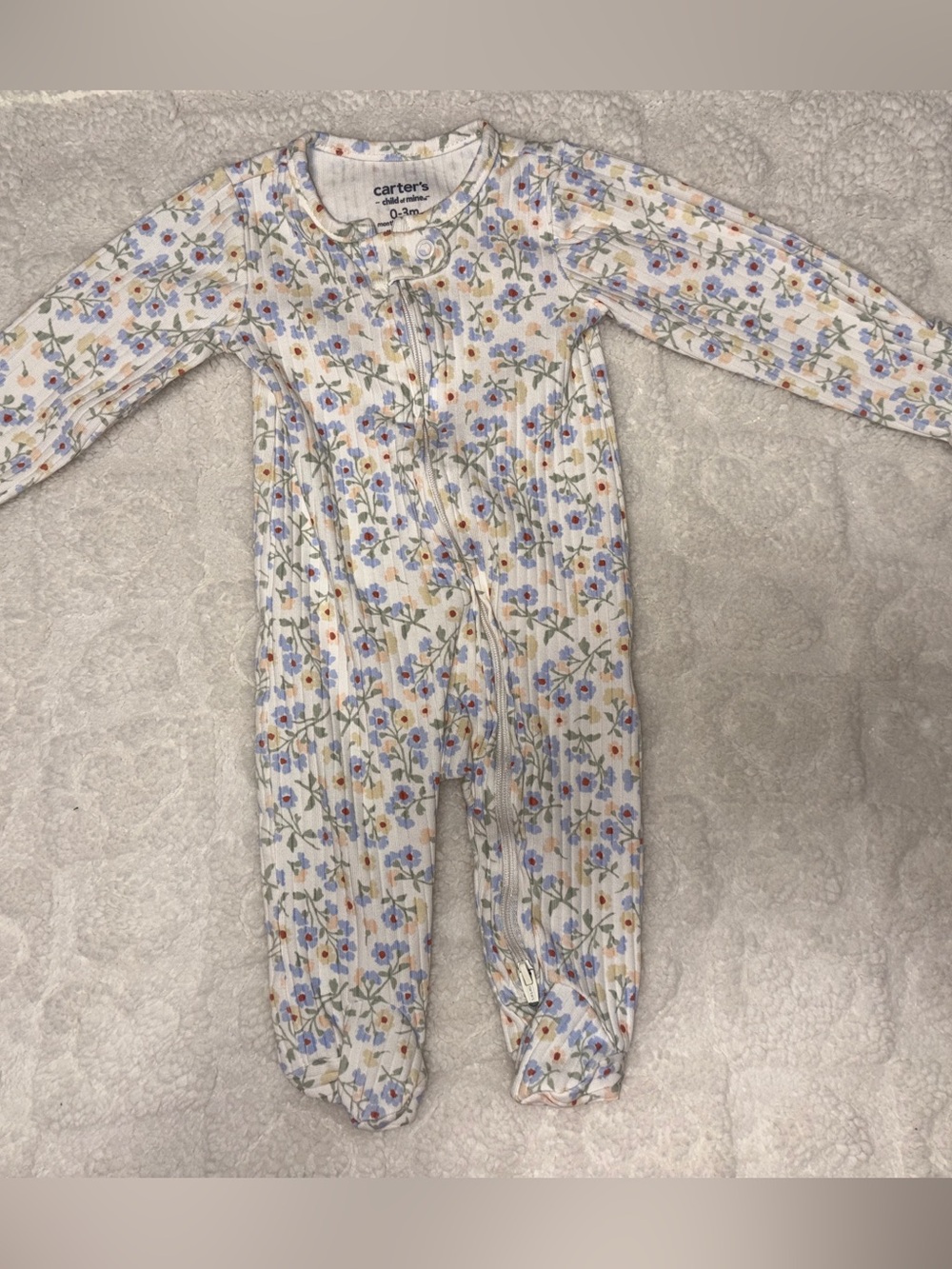 Carter's White Floral Ribbed Footed One-Piece with Blue, Yellow & Green Print